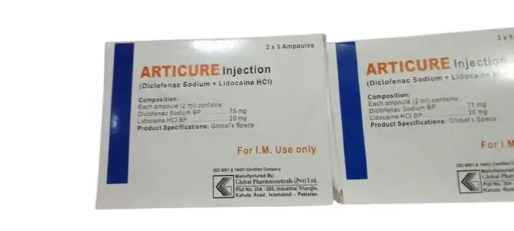 ARTICURE Injection (Diclofenac Sodium 75 mg + Lidocaine HCl 20 mg) - 2 ml x 5 Ampoules - For I.M. Use only