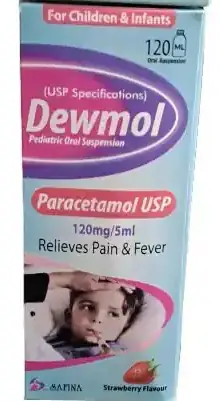 Dewmol (Paracetamol USP) 120 mg/5 ml Pediatric Oral Suspension - 120 ml - Strawberry Flavour - For Children & Infants