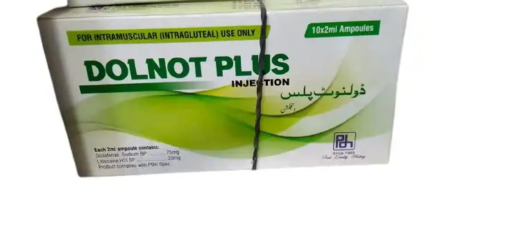 Dolnot Plus Injection (Diclofenac Sodium 75 mg + Lidocaine HCl 20 mg) – 10 Ampoules (2 ml)