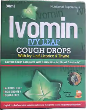 Ivomin Ivy Leaf Cough Drops (with Licorice & Thyme, Honey Flavour, Alcohol Free, Sugar Free) – 30 ml