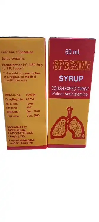 Speczine Promethazine HCl 5 mg/5 ml Syrup - 60 ml - Cough Expectorant, Potent Antihistamine